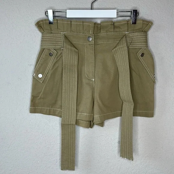 River Island 100% Cotton Khaki Green High Rise Paper Bag Belted Shorts Size US 6 - Picture 2 of 13